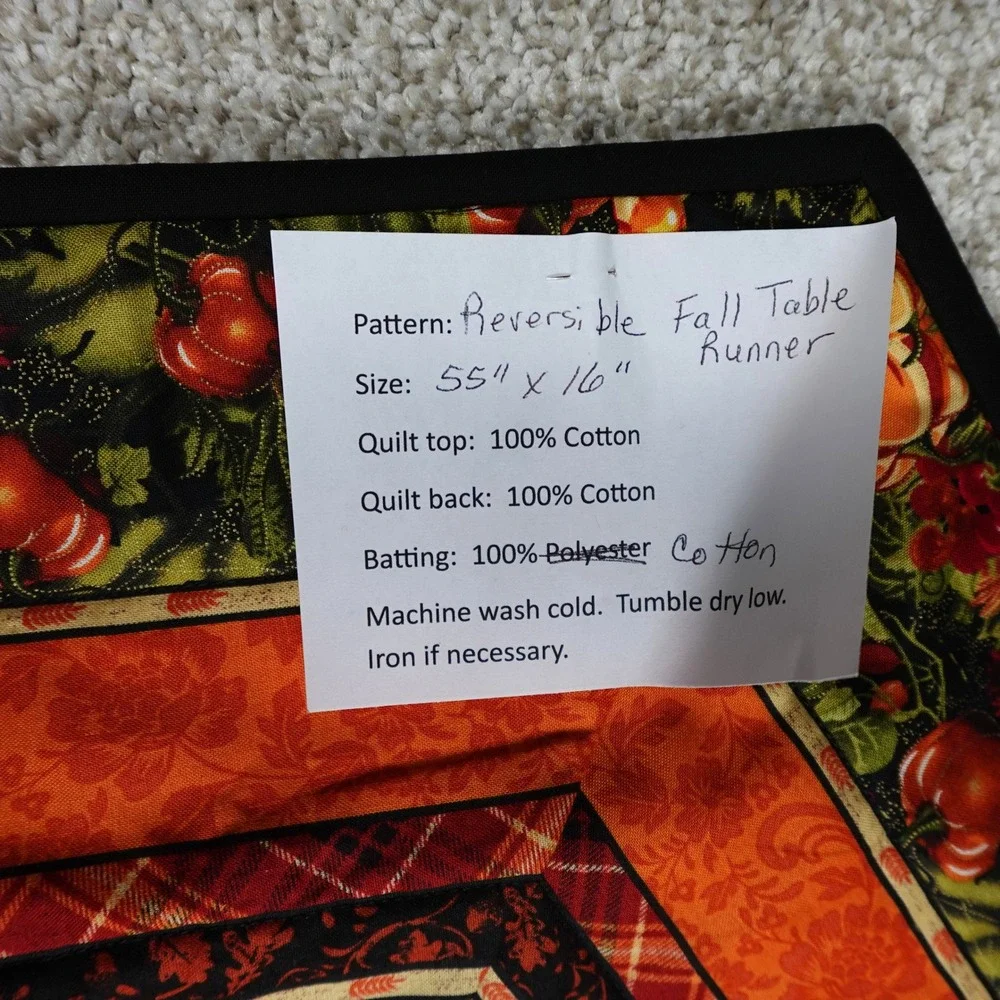 Handmade Reversible Fall Table Runner Quilted Pumpkin Floral 55x16 Orange Black